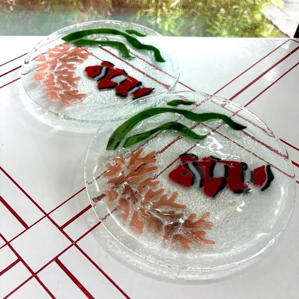 Peggy Karr Fused Glass Clownfish Plates Set of 2 Coral Reef